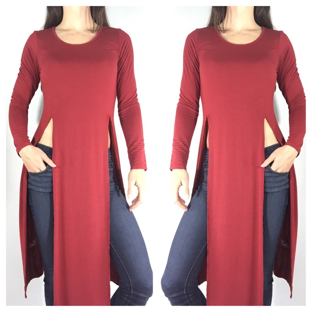 RED LONG SLEEVE HIGH SLIT SHIRT BLOUSE TOP SMALL